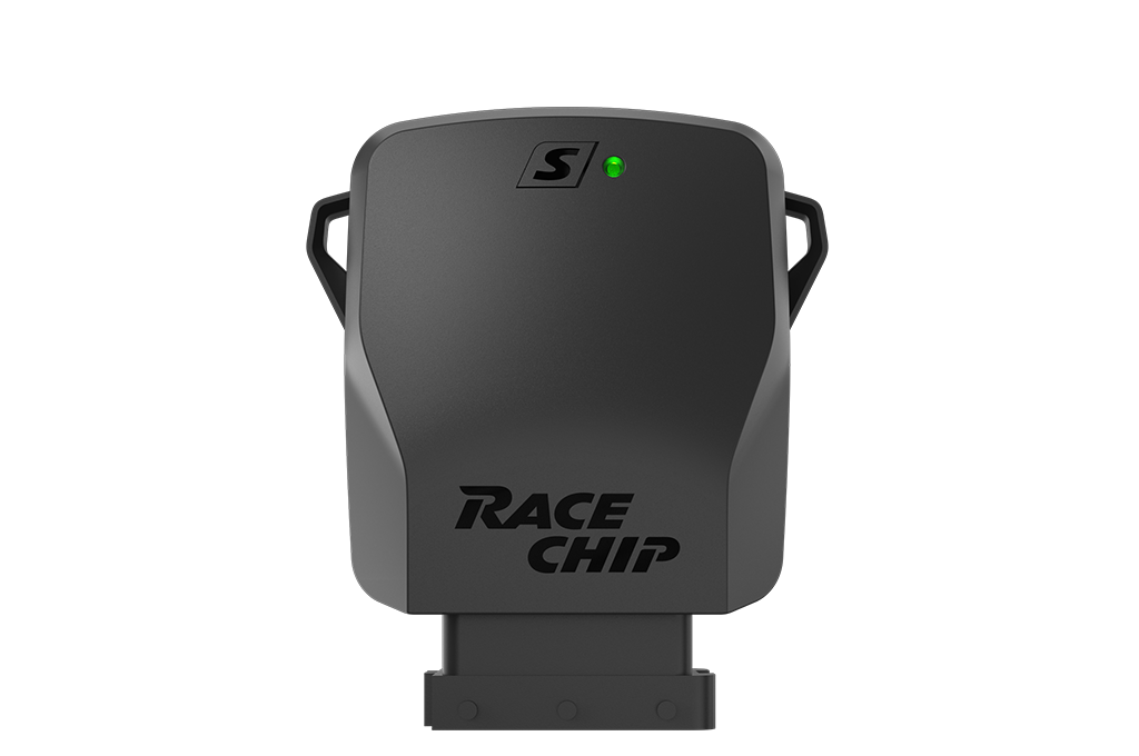 RaceChip S Steuergerät mit grünem Betriebslicht, einfachem Gehäusedesign und RaceChip-Logo.